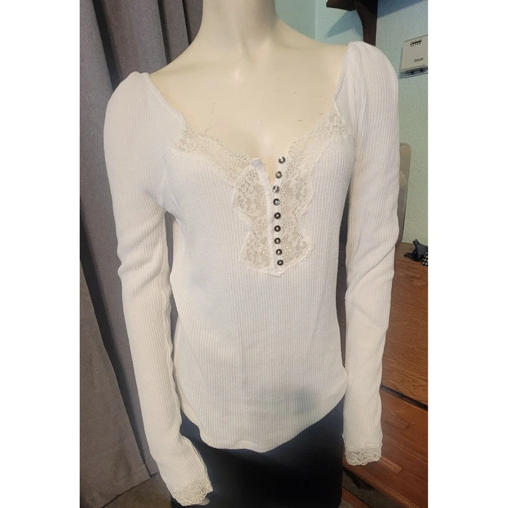 Free People To The West Lace‎ Long Sleeve Ribbed Henley Ivory Bella Babydoll L
